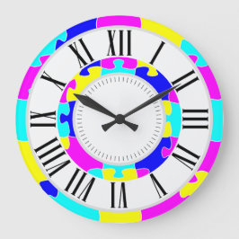 Reloj Redondo Grande Azul rosa claro, rompecabezas amarillo arte rompec