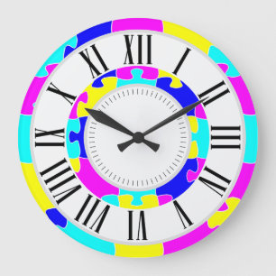 Reloj Redondo Grande Azul rosa claro, rompecabezas amarillo arte rompec