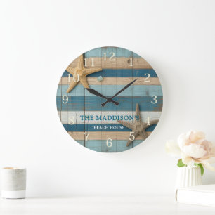 Reloj Redondo Grande Azul rústico náutico Familia de Madera Personaliza