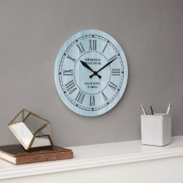 Reloj Redondo Grande Azul rústico números romanos en madera desgastada