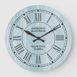 Reloj Redondo Grande Azul rústico números romanos en madera desgastada 