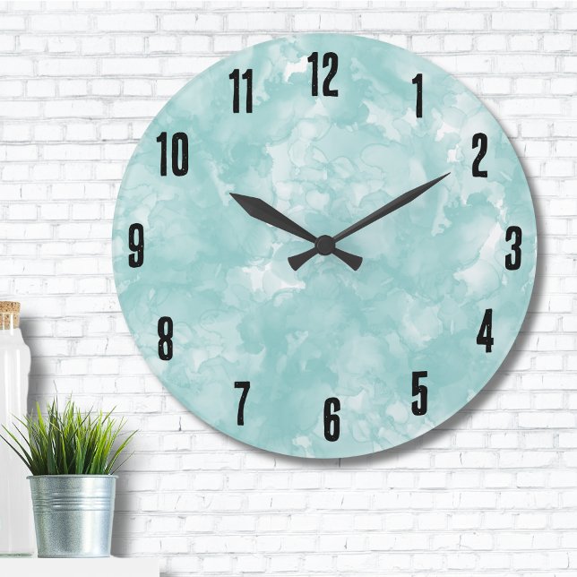 Reloj Redondo Grande Azul Verde azulado simple y moderno (Simple Modern Turquoise Teal Blue Watercolor Large Clock)