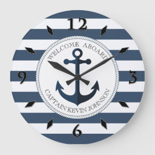 Reloj Redondo Grande Azul y blanco rayado con ancla personalizada