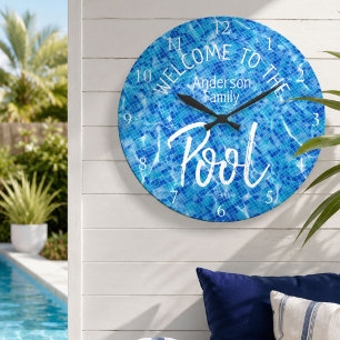 Reloj Redondo Grande Azulejo Acuático Personalizado Bienvenido a la Pis