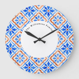 Reloj Redondo Grande Azulejo de Teja Azul Mediterráneo con Nombre Perso
