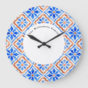 Reloj Redondo Grande Azulejo de Teja Azul Mediterráneo con Nombre Perso