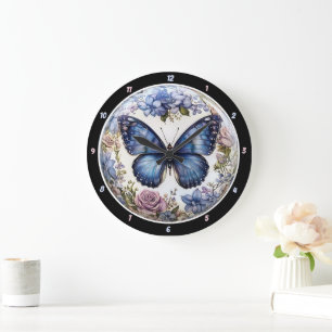 Reloj Redondo Grande Azure Bloom" - Blue Butterfly Floral