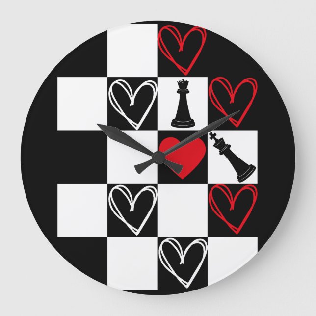Reloj Redondo Grande B&W de Chessboard Heart Día de San Valentín (Anverso)