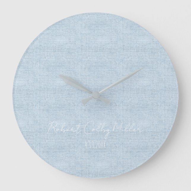 Reloj Redondo Grande Baby blue Linen Fabric Full Name Date Nursery (Anverso)