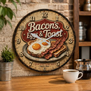 Reloj Redondo Grande Bacon Eggs & Toast Farmhouse Breakfast Kitchen