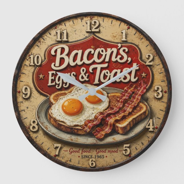 Reloj Redondo Grande Bacon Eggs & Toast Rustic Farmhouse Kitchen (Anverso)