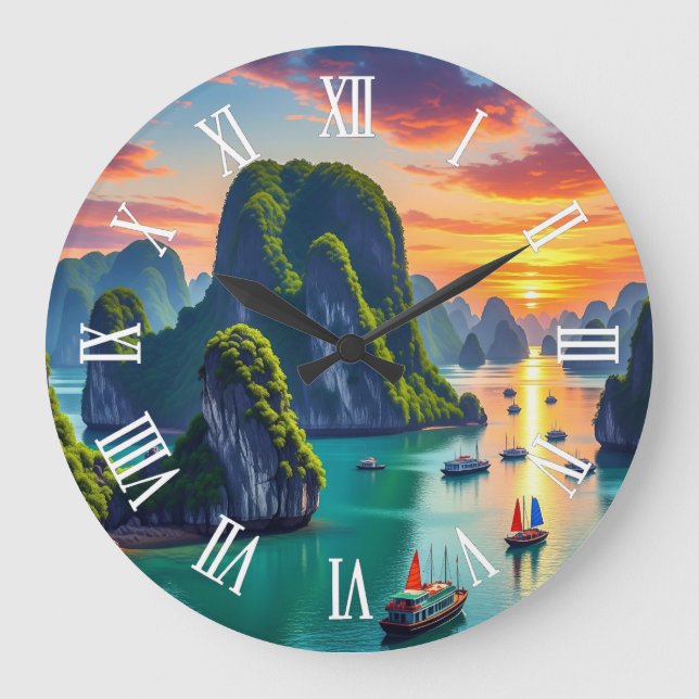 Reloj Redondo Grande Bahía de Ha Long Vietnam Atardecer (Anverso)