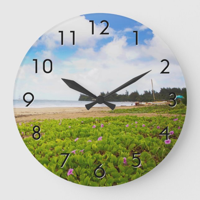 Reloj Redondo Grande Bahía de Hanalei, flores de playa de Kauai Hawaii (Anverso)