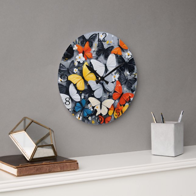 Reloj Redondo Grande Bailando arte acrílico de mariposa colorida, (Oficina)