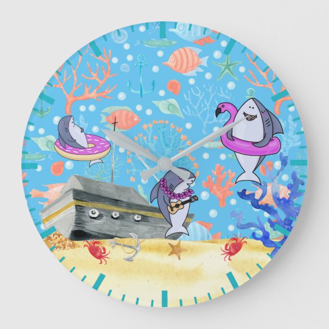 Reloj Redondo Grande Bajo el agua Mar Profundo Tiburón Fiesta a los niñ (Anverso)