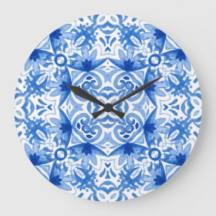 Reloj Redondo Grande Baldosa azul blanca, acuarela sin costura.