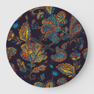Reloj Redondo Grande baldosa de patrón floral de acuarela Paisley