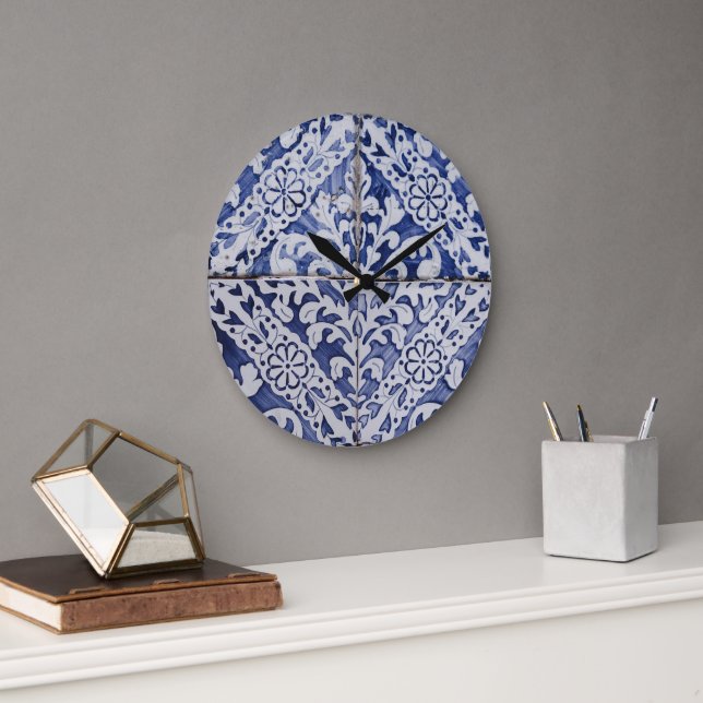 Reloj Redondo Grande Baldosas portuguesas - Azulejo Floral azul y blanc (Oficina)