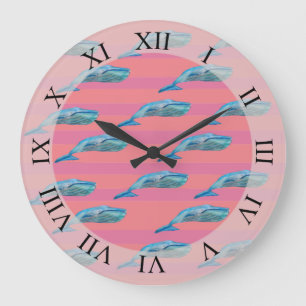 Reloj Redondo Grande Ballenas Cuestas Fish Art Rayas Rosa Personalizado
