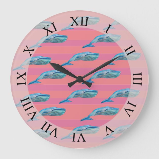 Reloj Redondo Grande Ballenas Cuestas Fish Art Rayas Rosa Personalizado (Anverso)