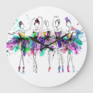 Reloj Redondo Grande Ballerinas acuarelas: Ilustracion de danza brillan