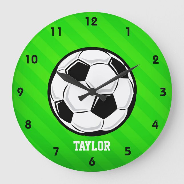 Reloj Redondo Grande Balón de fútbol; Rayas verdes de neón (Anverso)