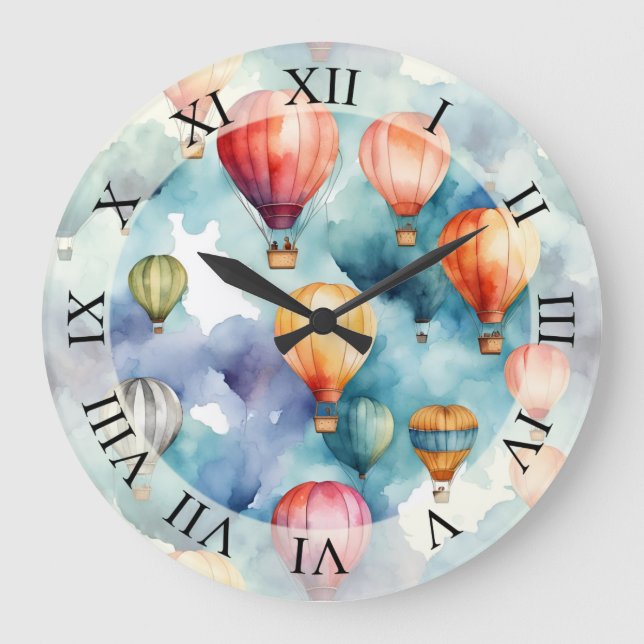 Reloj Redondo Grande Balones de aire caliente Watercolor Art (Anverso)