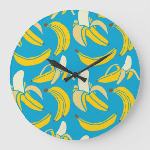 Reloj Redondo Grande Bananas amarillas, patrón de fondo azul