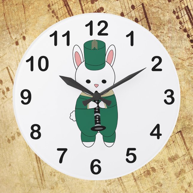 Reloj Redondo Grande Banda de marcha de conejo clarinete dorado verde (A clock with a picture of a rabbit playing the clarinet in a green & gold marching band uniform.)