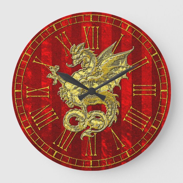 Reloj Redondo Grande Banda de Relieve metalizado rojo Dragon Gold (Anverso)