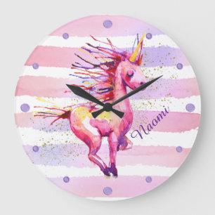 Reloj Redondo Grande Bandas de acuarela mágica de unicornio rosa