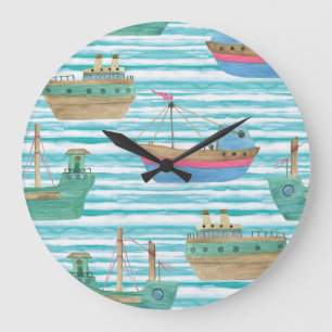 Reloj Redondo Grande Bandas De Barco: Patrón De Pintura De Acuarela.