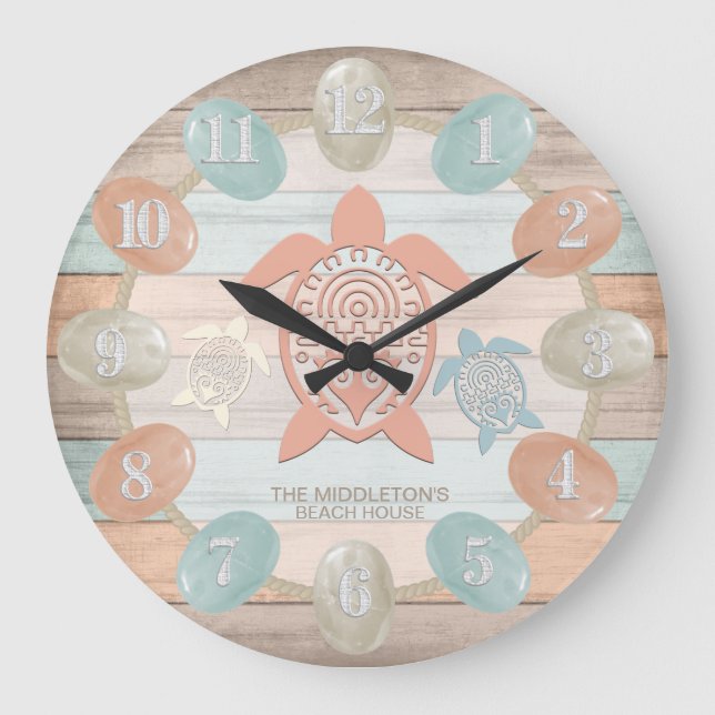 Reloj Redondo Grande Bandas Náuticas De Playa, Vidrio Marítimo, Tortuga (Anverso)