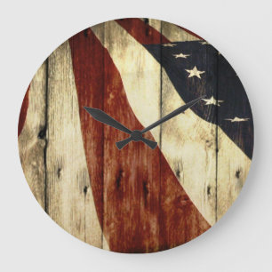 Reloj Redondo Grande Bandera americana de madera del granero americana