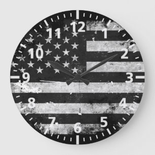 Reloj Redondo Grande Bandera americana del Grunge blanco y negro