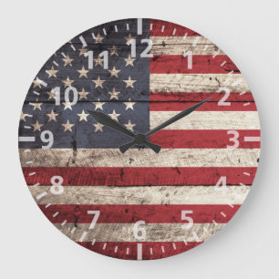 Reloj Redondo Grande Bandera americana en grano de madera viejo