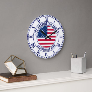 Reloj Redondo Grande Bandera Americana Patriótica Apellido Fecha Fundad