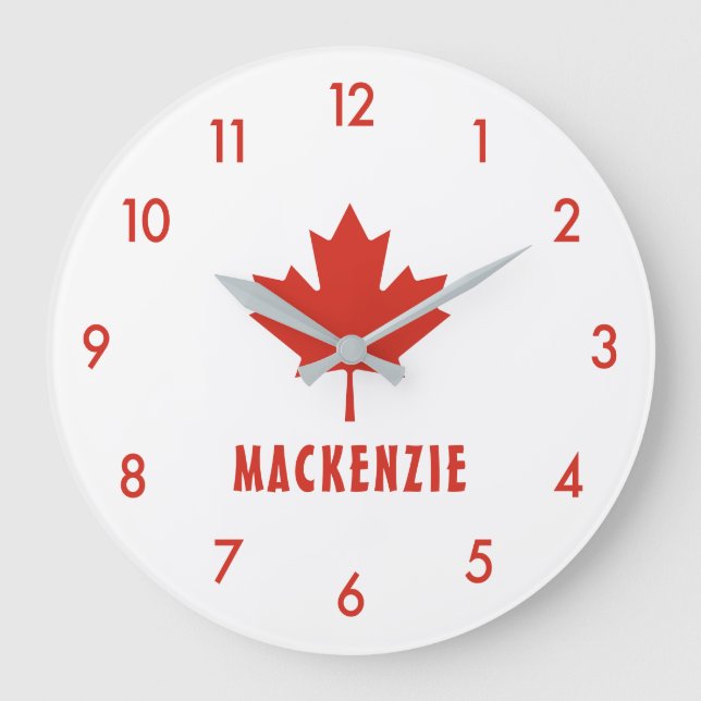 Reloj Redondo Grande Bandera canadiense Red Maple Leaf Canada Day Name  (Anverso)