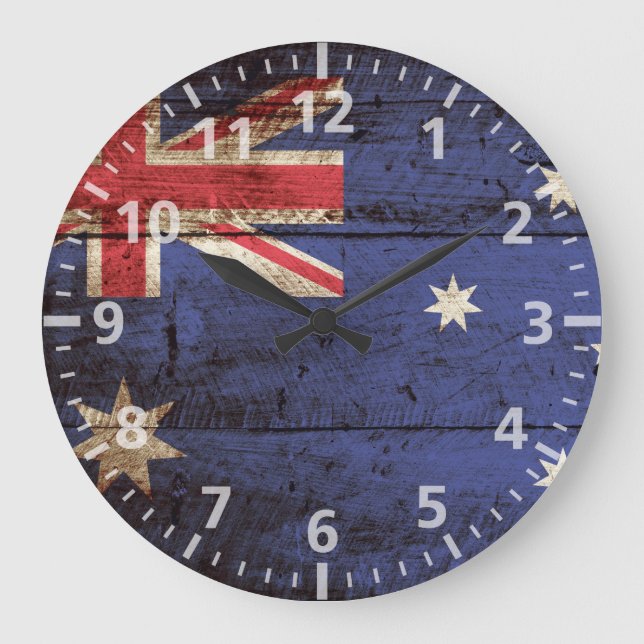 Reloj Redondo Grande Bandera de Australia en grano de madera viejo (Anverso)