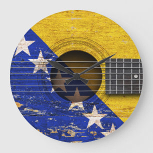 Reloj Redondo Grande Bandera de Bosnia y Hercegovina en la guitarra
