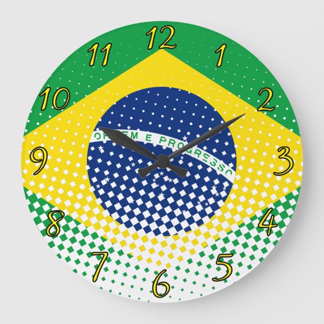 Reloj Redondo Grande Bandera De Brasil Con Efecto De Medio Tono (Anverso)