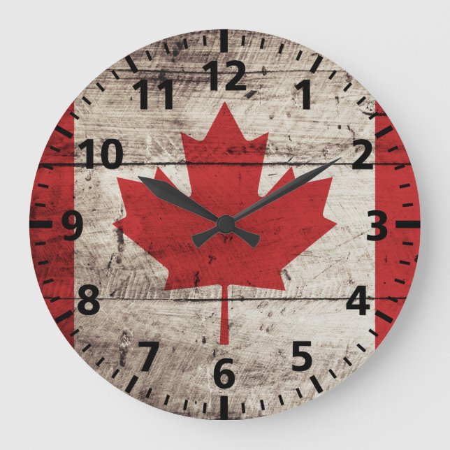 Reloj Redondo Grande Bandera de Canadá en grano de madera vieja (Anverso)