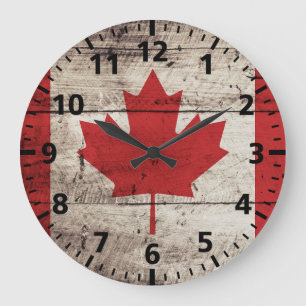 Reloj Redondo Grande Bandera de Canadá en grano de madera viejo
