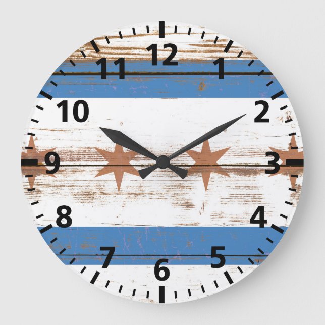 Reloj Redondo Grande Bandera de Chicago de madera antigua (Anverso)