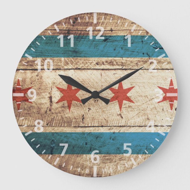 Reloj Redondo Grande Bandera de Chicago en grano de madera vieja (Anverso)