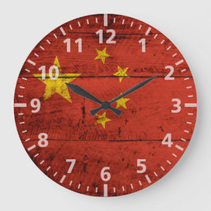 Reloj Redondo Grande Bandera de China en grano de madera viejo