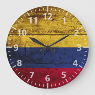 Reloj Redondo Grande Bandera de Colombia en grano de madera viejo