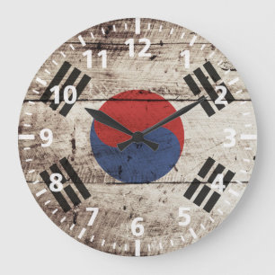 Reloj Redondo Grande Bandera de Corea del Sur sobre vetas de madera ant