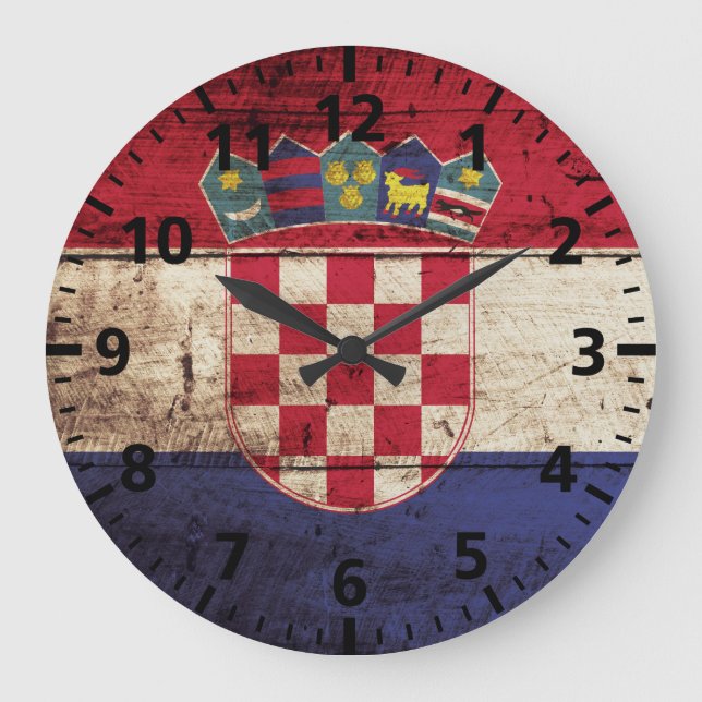 Reloj Redondo Grande Bandera de Croacia en grano de vieja madera (Anverso)