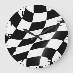 Reloj Redondo Grande Bandera de cuadros negra y blanca ondulada de carr